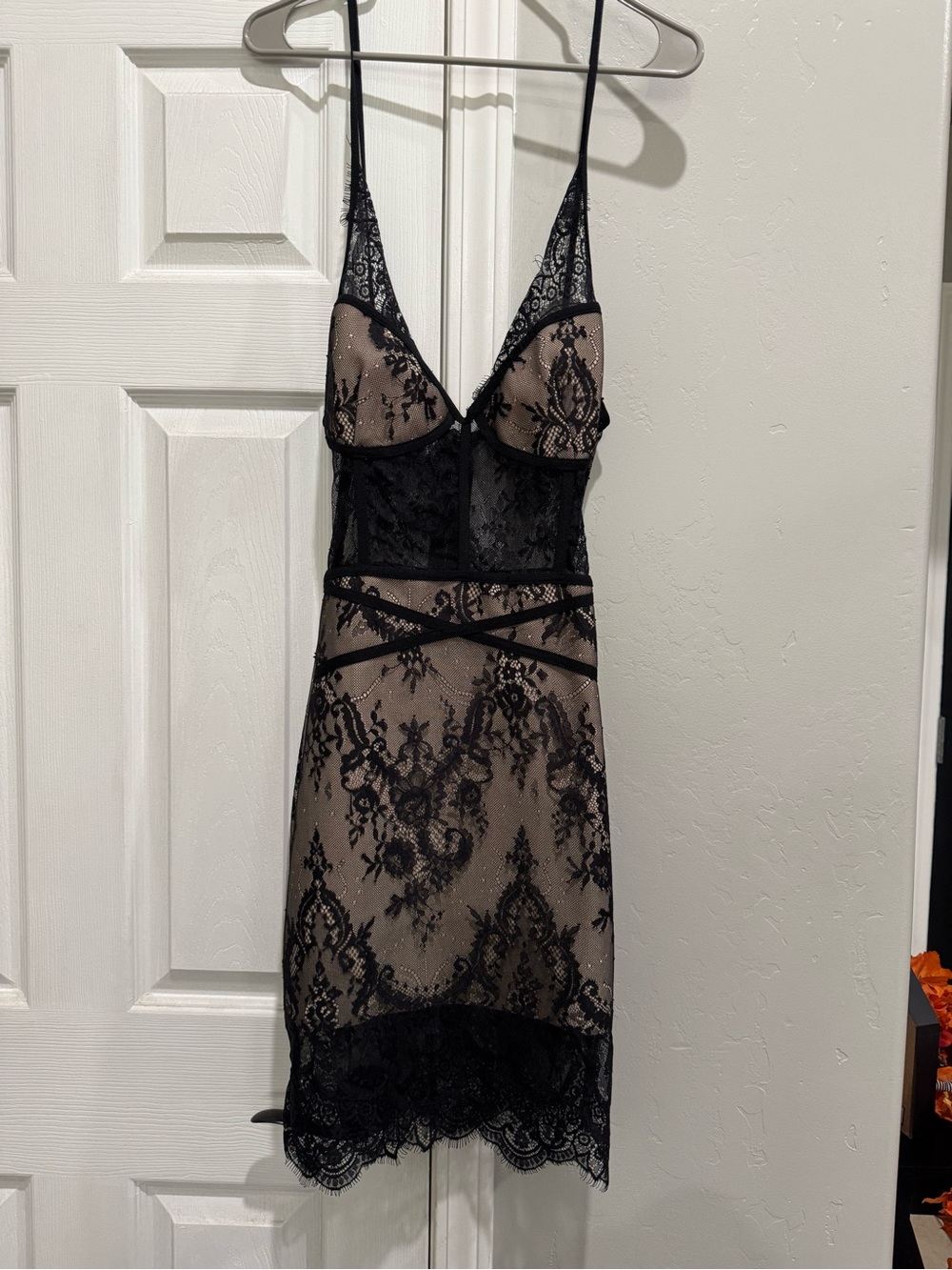 Black Lace Slip Dress with Nude Lining